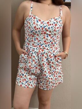 Old Navy Floral Romper Dress Womens S Cottagecore Sundress RedBlueWhite smocked
